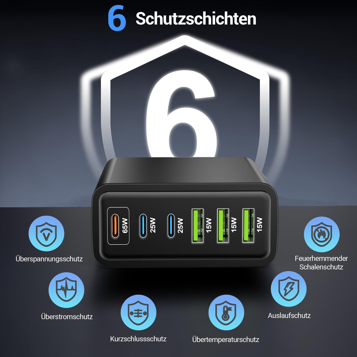 160W USB ladegerät mehrfach, 6 Ports netzteil C, USB C ladegerät, Schnellladegerät 65W, Mehrfachsteckdose mit -C und -A, Adapter für Laptop, Smartphones, ipad und Kopfhörer,Schwarz