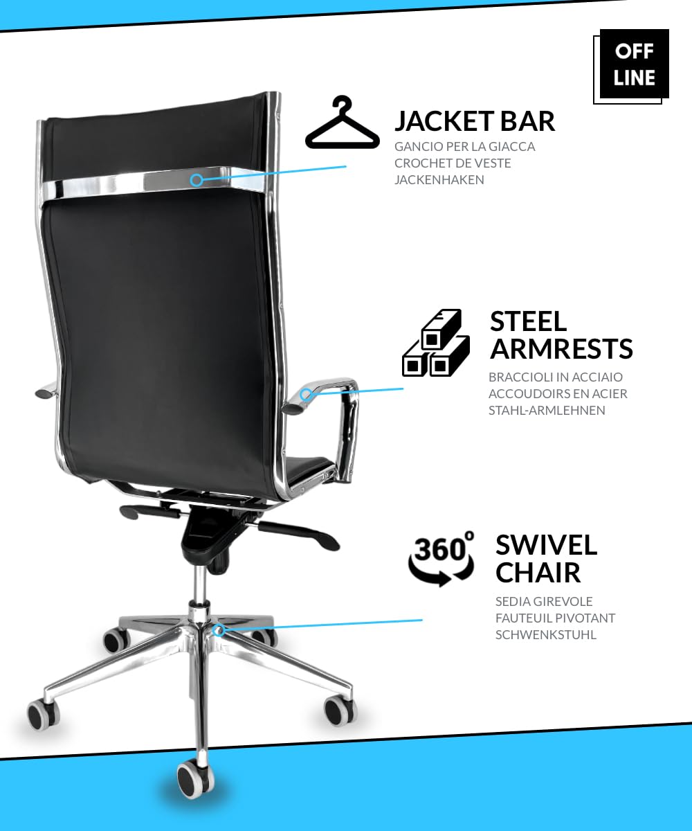 OFF LINE Sedia Ergonomica per Ufficio e per Smart Working, Ruote Silenziose, Per Uso al PC, in Finta Pelle Nera e Telaio con Braccioli in Acciaio Cromato, Schienale Alto (70x70x120 cm)