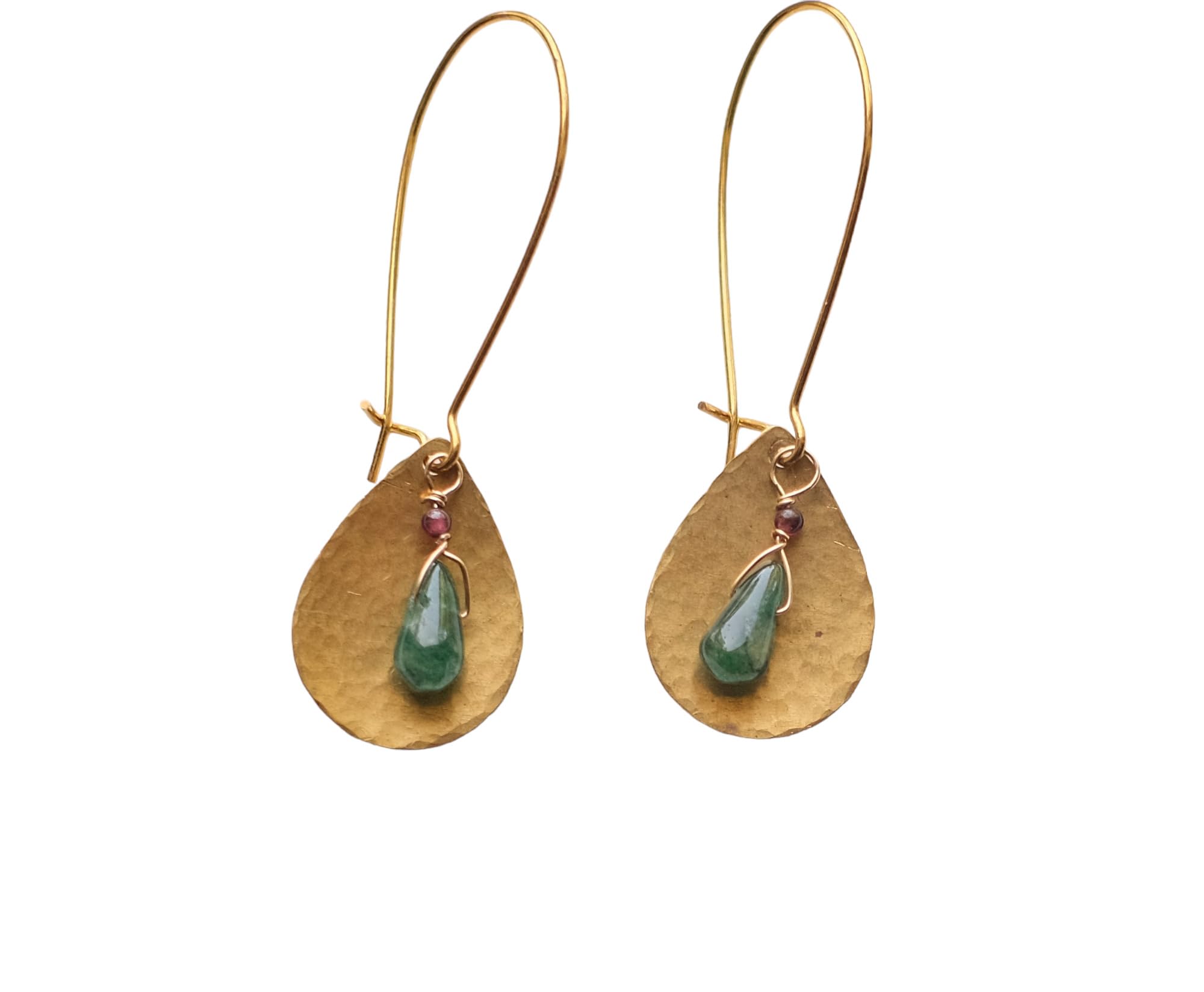 Green Onyx Dangle Earrings with Hammered Leaf Findings