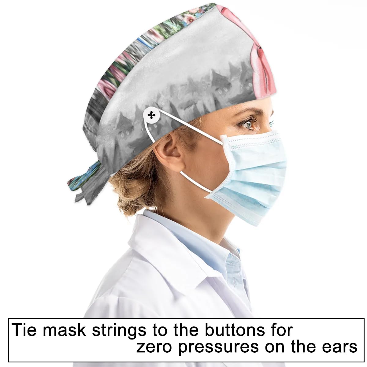 Mularoka Watercolor Flower Dancing Working Caps with Button Sweatband Comfortable Adjustable Bouffant Hats Work Hat for Women Men