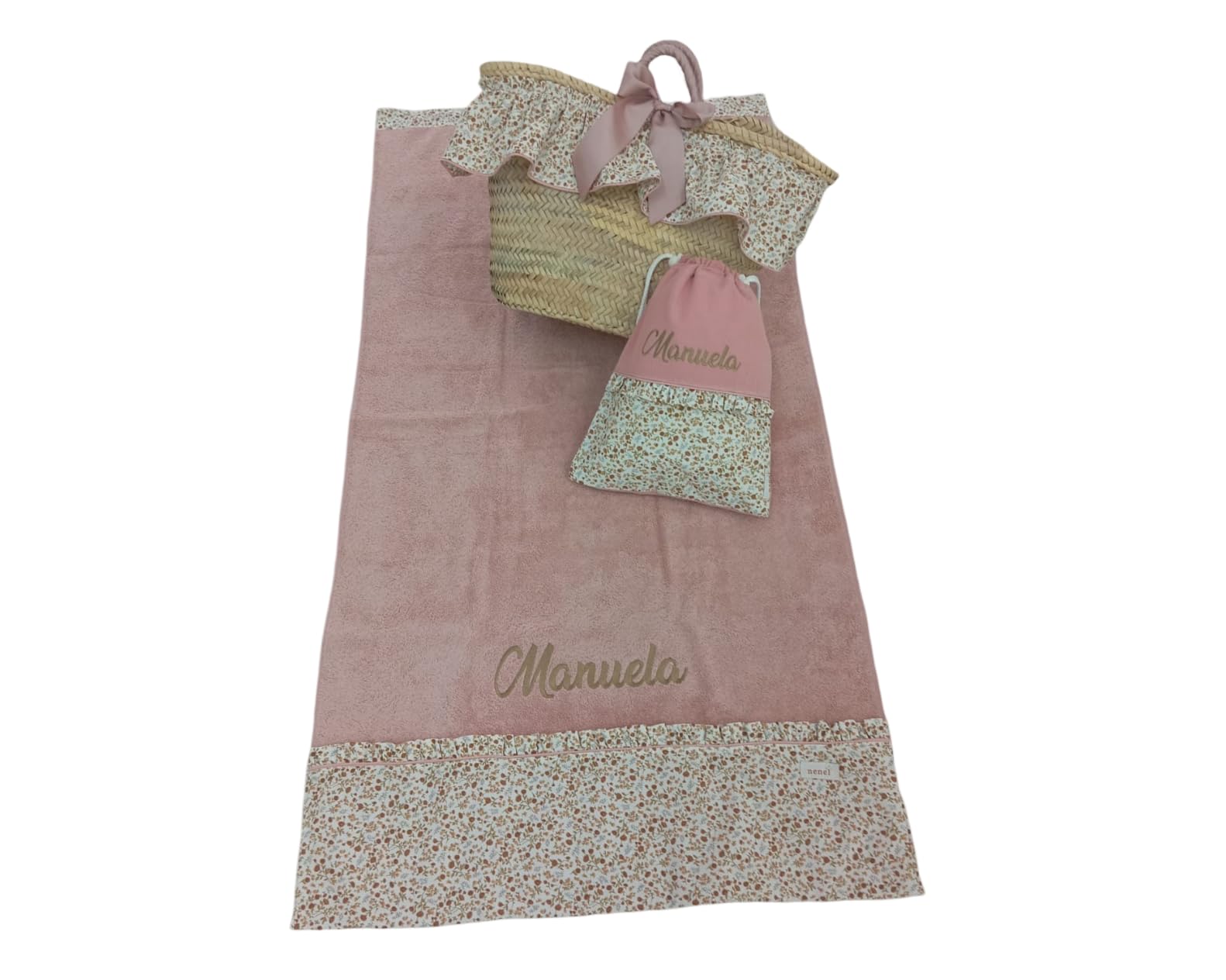 Capazo Mimbre, Toalla de Playa, Bolsa bañadores Personalizado para niña - Conjunto piscina infantil con nombre - 3 piezas (Flores Liberty/Rosa Maquillaje)