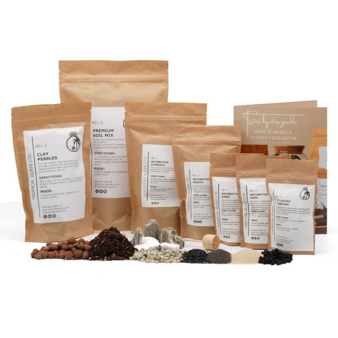 DIY Terrarium Starter Kit for Closed Terrariums (S,M,L,XL) - Complete Closed Terrarium Set Includes Soil, Drainage & Decorative Elements - Make Your Own Terrarium with step-by-step Guide (Small)