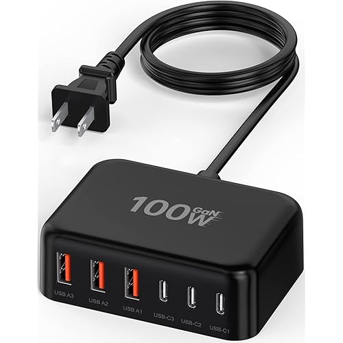 Updated USB C Fast Charger Block, 100W GaN 6 Port PD USB C QC USB A Wall Charger Adapter Plug Cube, Type C Charging Station Hub for iPhone 17 16 15 14 13 Pro Max iPad Samsung Pixel 5ft Extension Cord