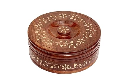 Buraq Universal Handmade Solid Wooden Casserole with Full Brass Inlay Work (Medium, 7 in, Brown)