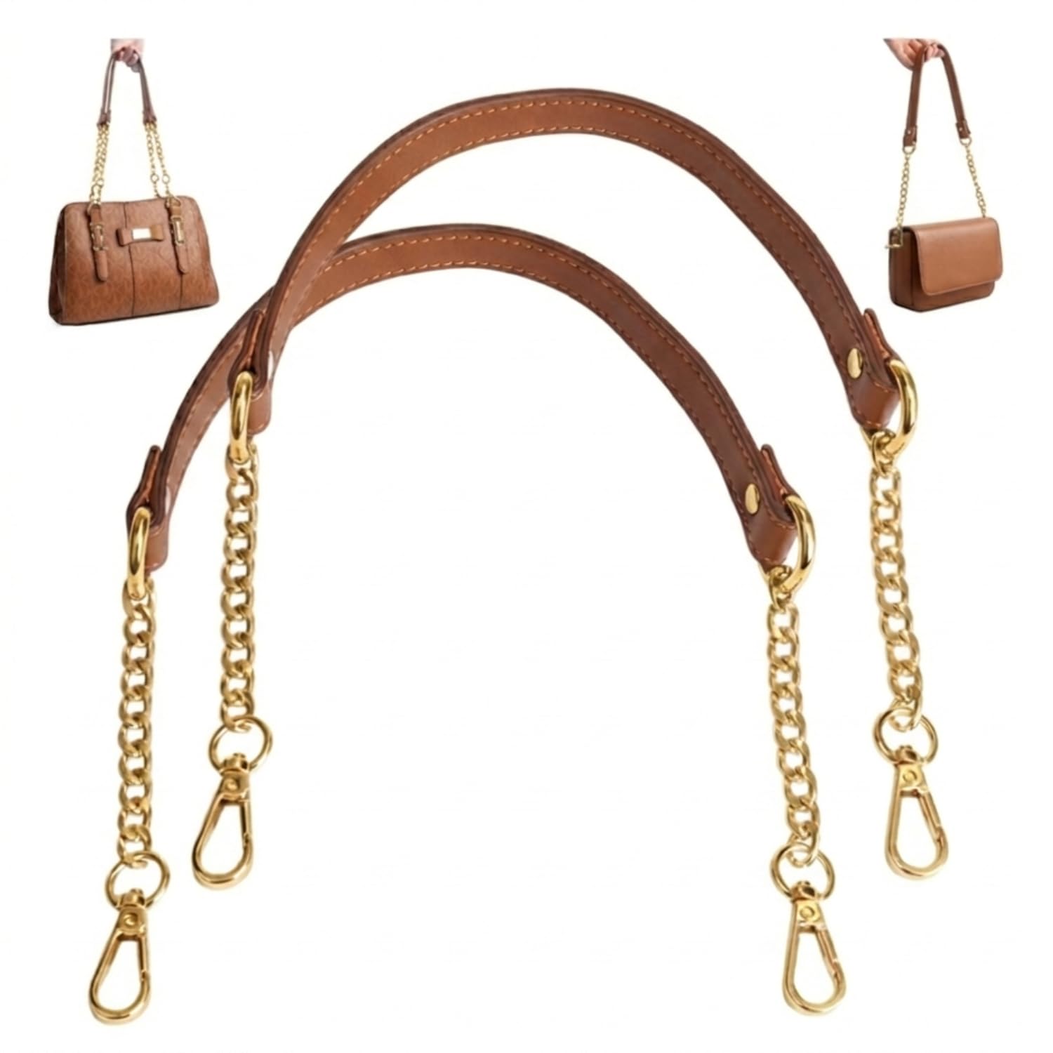 Bag Handles with Chain, Replacement PU Leather Bag Handles Brown Color with Chain for Tan Hand Bags Sling Bags Shoulder Bags Short Bags Etc, Length 24" Inches Set of 2.-picture-15