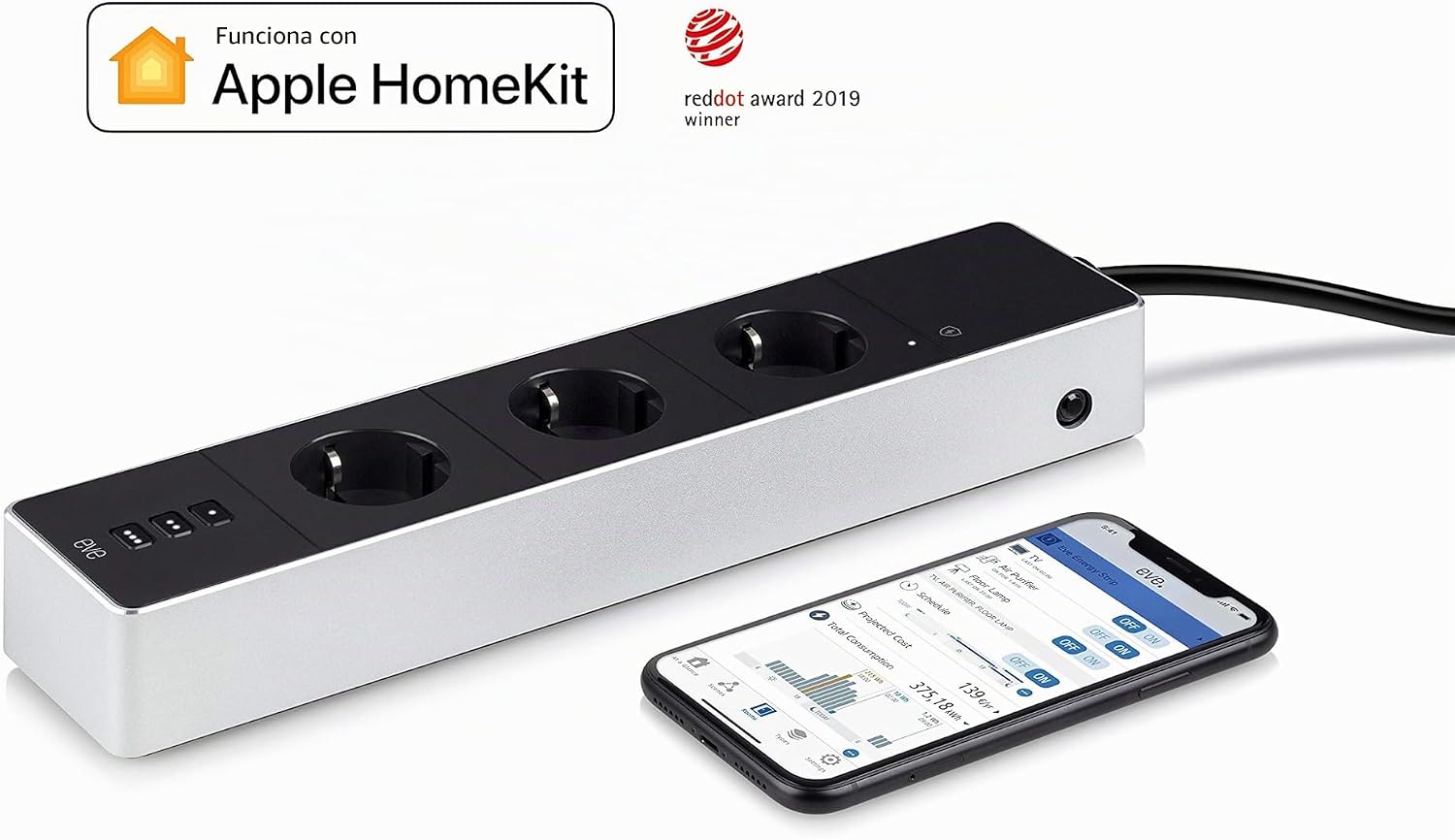 Eve Energy Strip connected to Apple HomeKit, shown next to an iPhone displaying the Eve app interface with energy monitoring data.