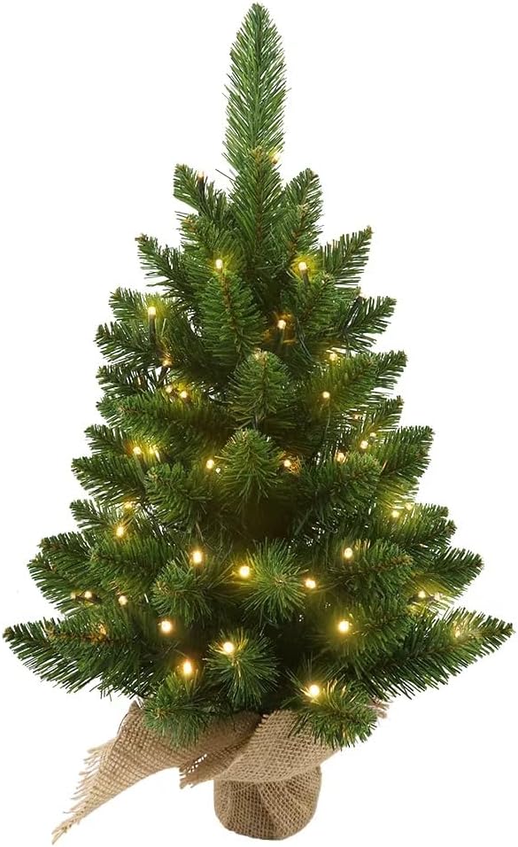 Small Christmas Tree with Lights,2ft Pre Lit Artificial Mini Xmas Tree for Tabletop,Outdoor,Bedroom,Office Decorations,Includes 50 Led Warm Lights,73 PVC Branch Tips,Green?Battery Operated? Green 2ft