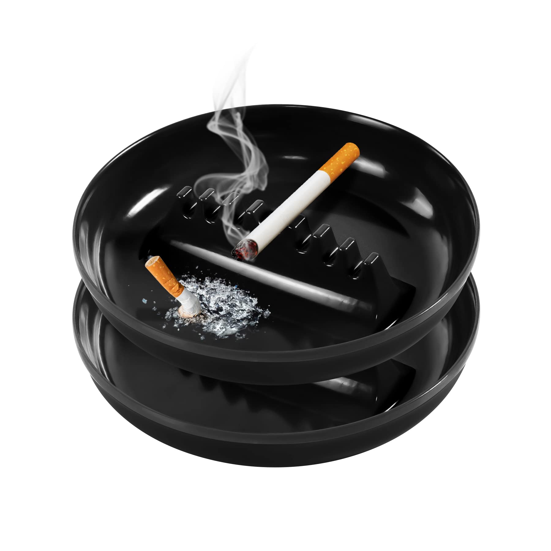 Plastic Ashtrays for Cigarettes and Cigars, Indoor Outdoor Ash Tray Large Size Tabletop Ashtray Decor for Home Office Restaurant Patio Bar - 2 Pack (Black)