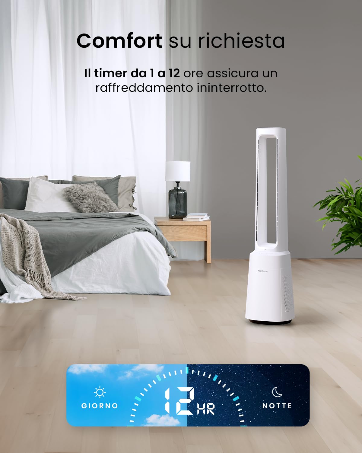 Pro Breeze OmniAir Ventilatore a Torre Senza Lama 105,6 cm con Purificatore d'Aria, Ultra Silenzioso, Telecomando, Filtro HEPA, Display LED, 10 Velocità, 5 Modalità, Oscillazione 75°
