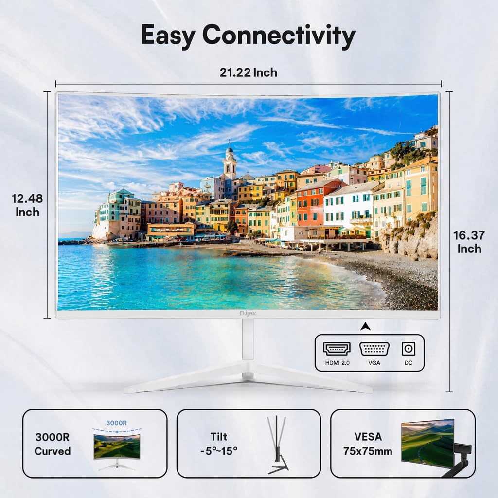 24 Inch Curved White Monitor, FHD 1080P VA Panel, 3000R 100HZ 98% sRGB Business Computer Monitors, Frameless Design, Flicker-Free, Low Blue Light, VESA Mountable, for Office & Gaming (VGA, HDMI)