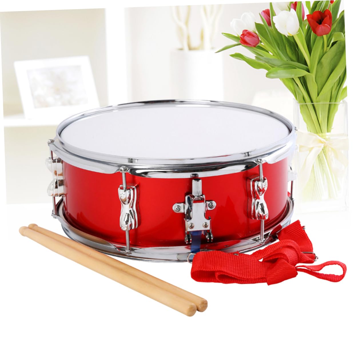 Rullante Rosso da 13 Pollici in Metallo per Bambini | Set Jazz con Bacchette Incluse, Tracolla Regolabile, Facile da Trasportare