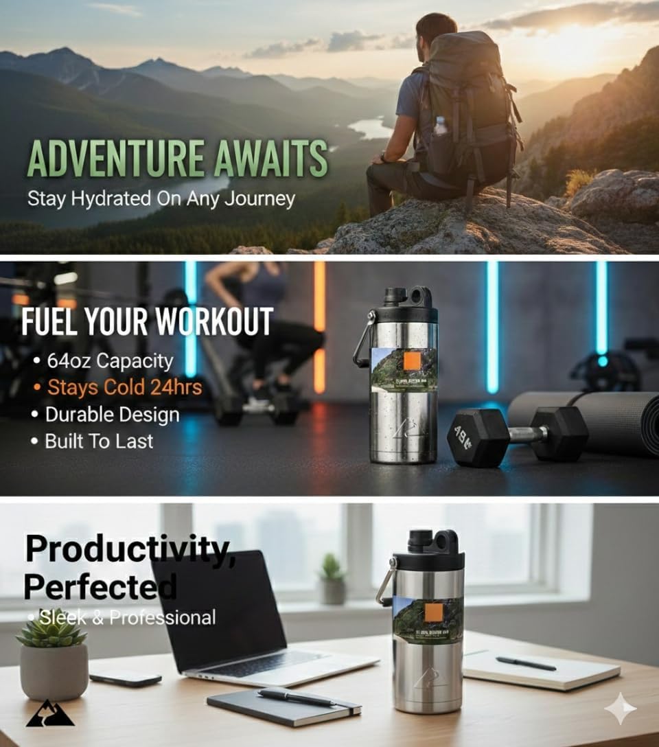 Half Gallon (64 oz) Thermal Water Bottle - Large with Leak-Proof Lid and Carry Handle - Double-Wall Vacuum Stainless Steel for Sports, Gym & Work