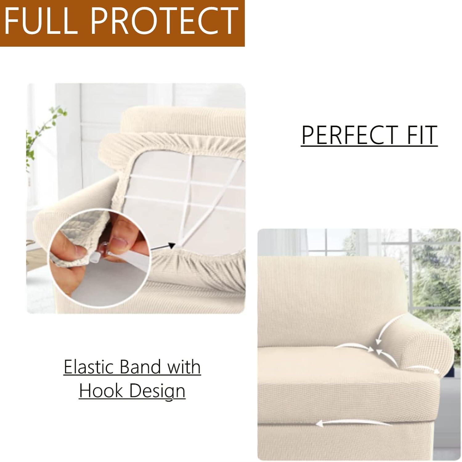 3-Piece T-Cushion Loveseat Slipcover – Stretch Sofa Cover for 2-Cushion Couches (Fits Width Up to 72") – Washable T-Shaped Seat Covers – Furniture Protector for Living Room(Nature, Loveseat)