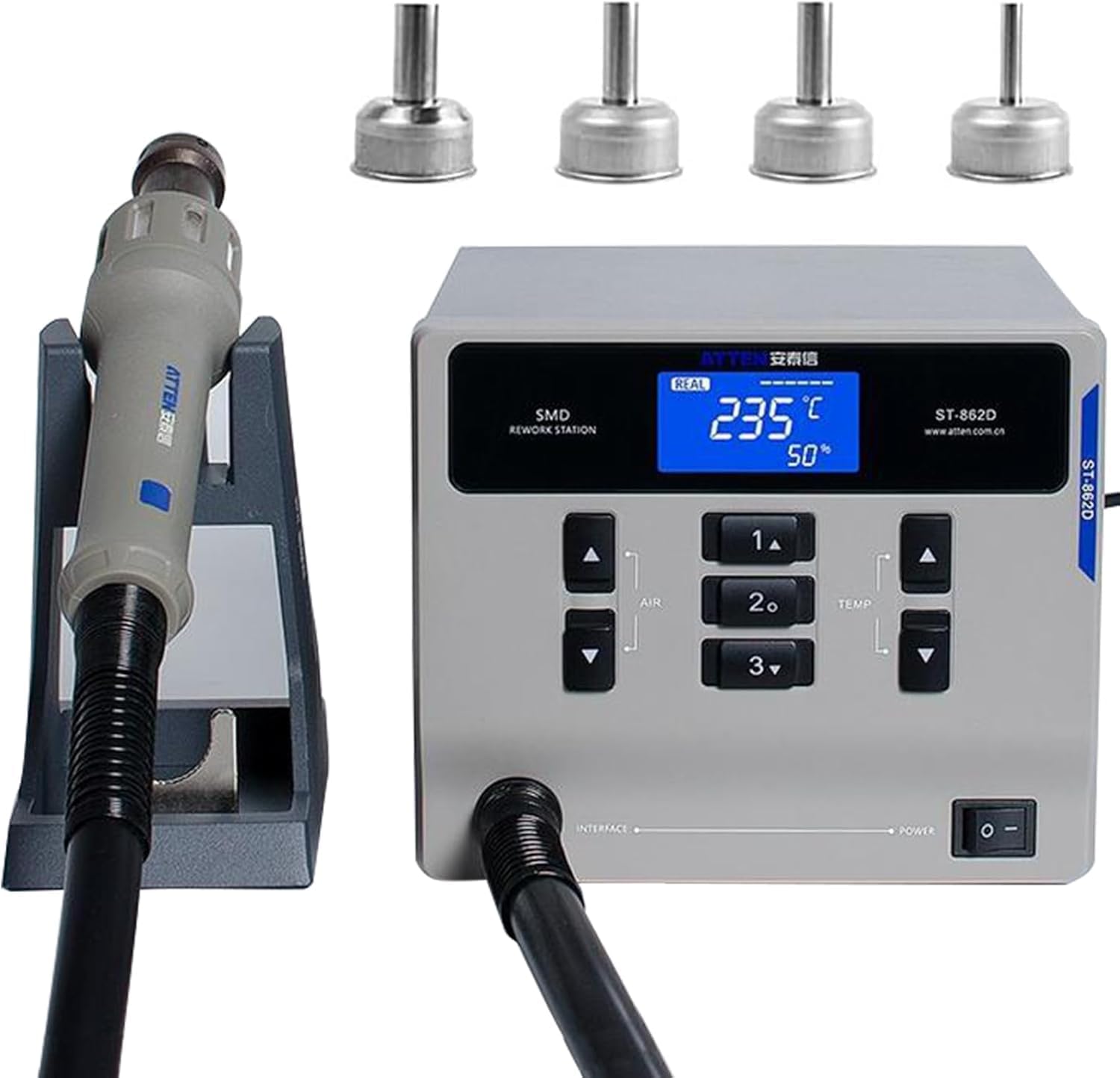 ATTEN ST-862D Hot Air Rework Station, 1000W Hot Air Gun Soldering Station, Intelligent Digital Display Fast Desoldering, BGA Rework Station Automatic Sleep Repair Tool for PCB Chip Soldering(4 Nozzle)