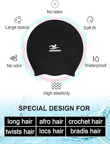 Miniatura 5 de SERENDIPA Gorro de natación extra grande para trenzas y rastas, gorra de natación impermeable de silicona para mujeres para cabello largo