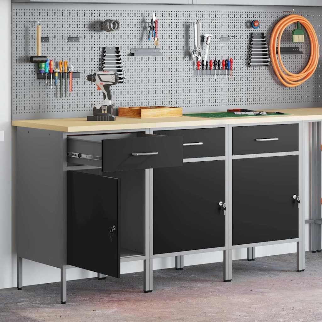 Banco da lavoro con cassetti, 3 pezzi, nero e grigio, 150 x 55 x 85 cm, per officina, casa, ufficio, LH6631233