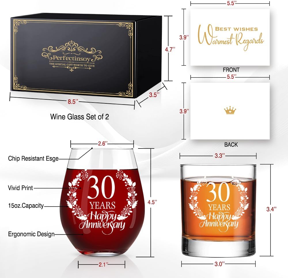 Perfectinsoy 30 Years Happy Anniversary Whiskey Glass and Stemless Wine Glass Gift Set, 30th Anniversary Wedding Gift For Mom, Dad, Soulmate, Couple, 30 Years Gifts, Happy 30th Anniversary