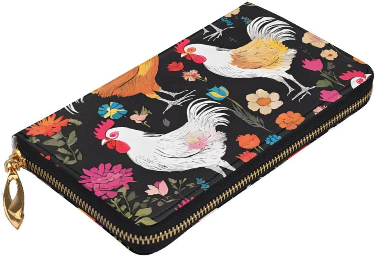 Leather Long Hand-Held Cute Rooster Chickens Wallet, Men'S And Women'S Wallets, With Hidden Compartments, Passbook Slot, Id Slot.