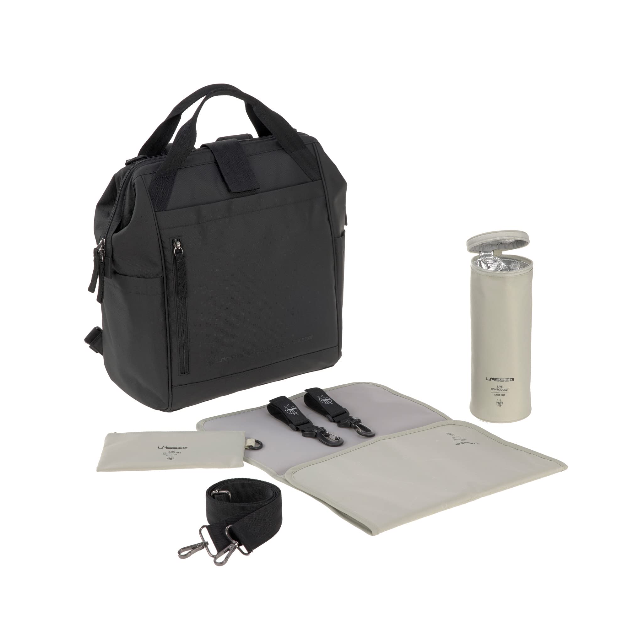 Lässig 1103034000, Zaino fasciatoio per bambini Borsa fasciatoio con accessori per il cambio Zaino con fasciatoio prodotto in modo sostenibile/Goldie Up Backpack black