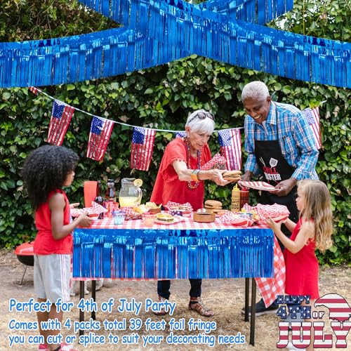 Image of 4 Packs Total 39 Ft Parade Floats for Trailer Car, Blue Foil Fringe Garland Tinsel Streamers Hanging Backdrop Banner Table Skirts for 4th of July Graduation Homecoming Wedding Birthday Party Decor