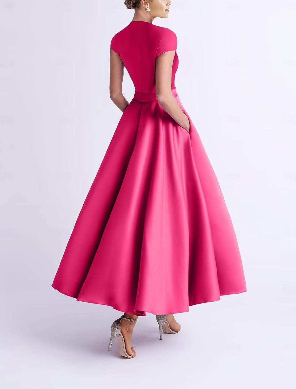 Satin Mother of The Bride Dresses for Women Tea Length Cap Sleeve Wedding Guest Dress A Line Evening Gown - Image 2