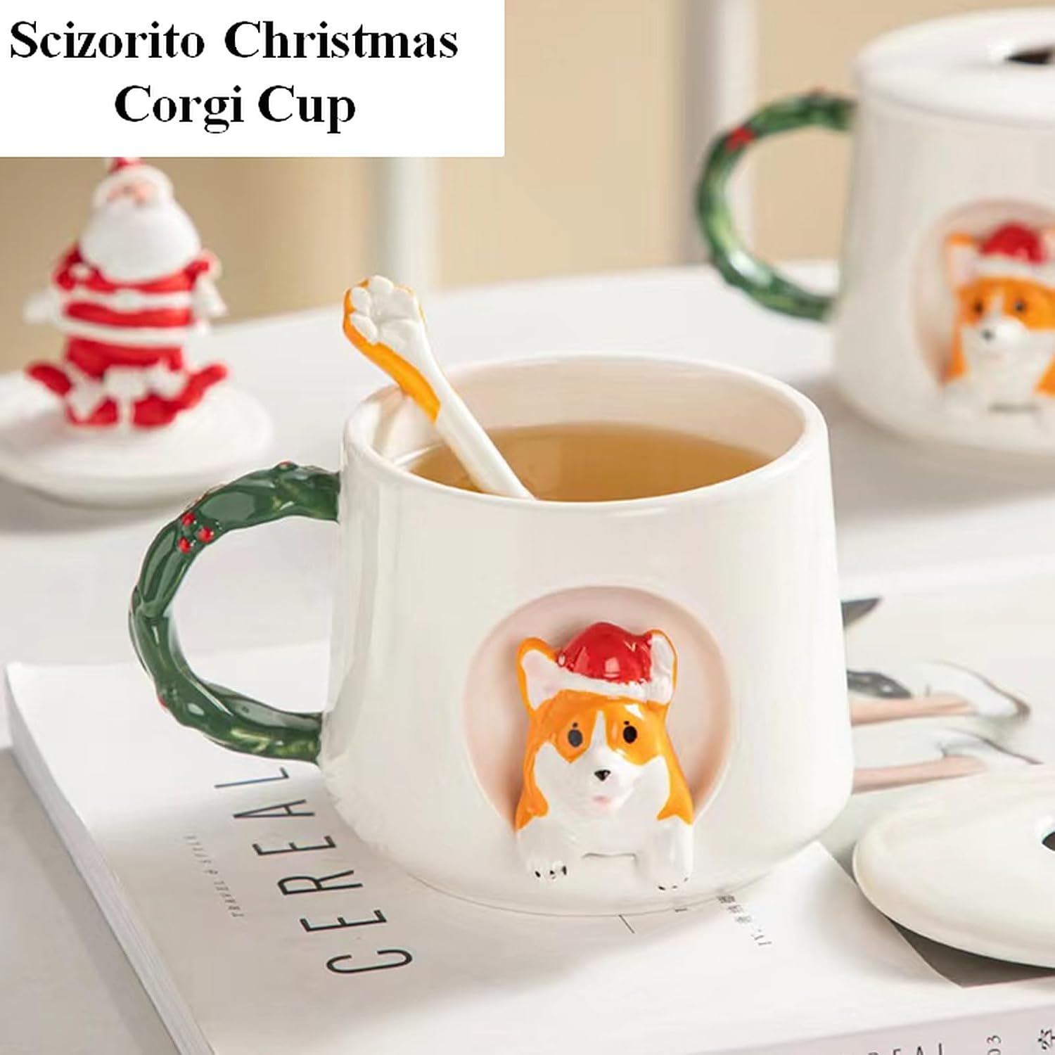 Cute Dog Couple Cup, Ceramic Coffee Mug with a Lid, Family Cup, Office Cup, Concave wood grain pattern handle, Cute Shiba Lnu Three-dimensional Design, with Matte Texture(420ML) (White Hat)