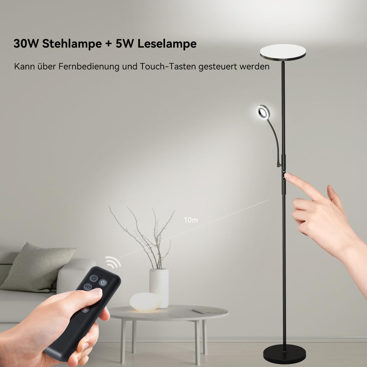 Modlicht Stehlampe Dimmbar 4200LM, 3000-6000K Stehlampe Wohnzimmer, Deckenfluter LED Dimmbare mit Fernbedienung & Touch-Steuerung, Stehleuchte Leselampe für Schlafzimmer Büro Höhle, Schwarz