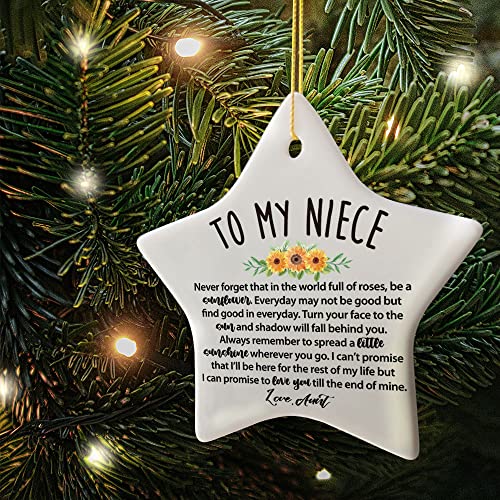 Niece Christmas Ornament Gift From Auntie, In The World Full Of Roses Be A Sunflower, Birthday Graduation Keepsake Ornament Gift For Niece From Auntie, Christmas Tree Star Shape Ceramic Ornament Decor #TOP3