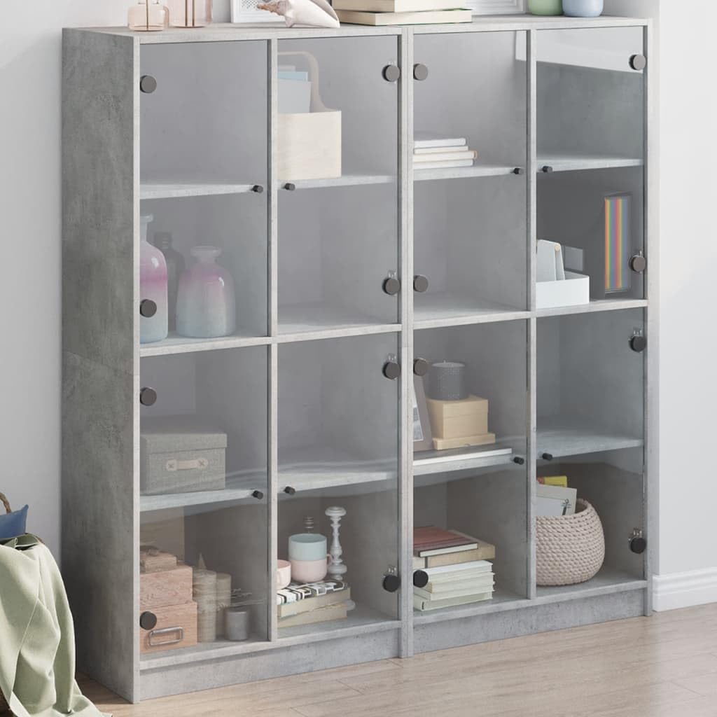 OHOOWOO Estantería con Puertas Madera de ingeniería Gris 136x37x142 cm,Estante para Libros Moderno con Puertas de Vidrio Organizador de Almacenaje Multiusos Armarios y estanterías
