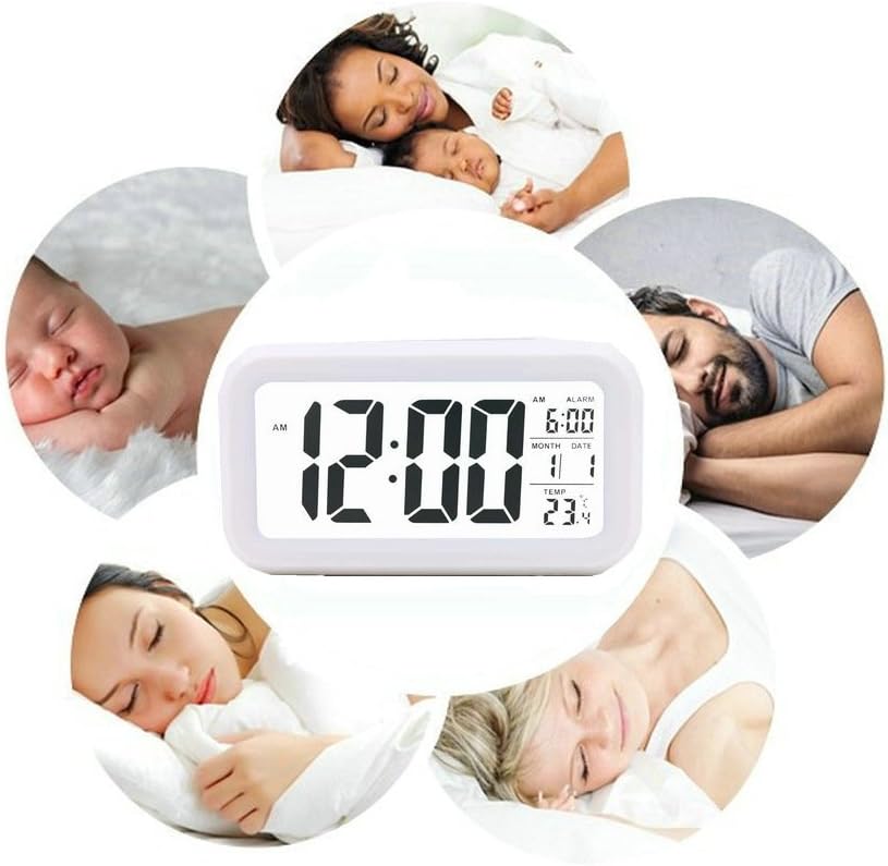 EIALA 5.4" Light-Sensor Smart Simple and Silent Alarm Clock w/Date Temperature Display Repeating Snooze and Sensor Light + Night Light Progressively Louder Wakey Alarm (White)
