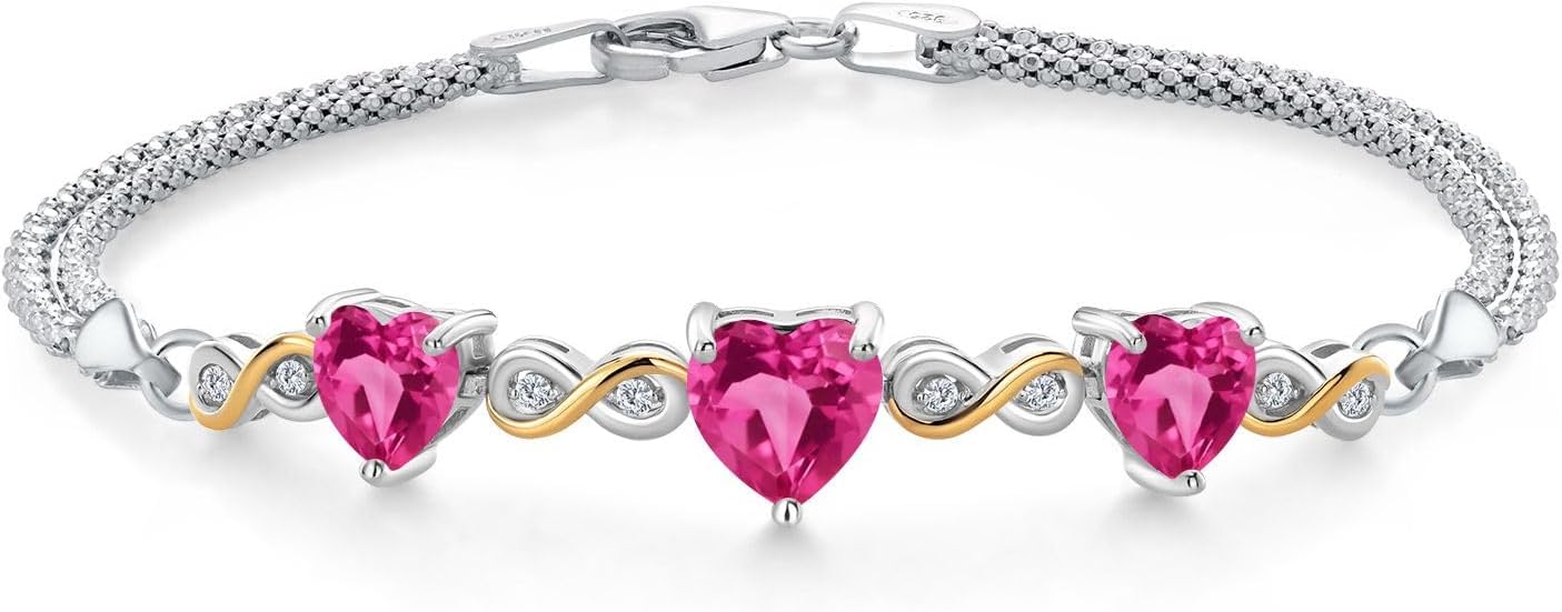 Gem Stone King 925 Sterling Silver and 10K Yellow Gold Pink Created Sapphire and White Lab Grown Diamond Bracelet For Women (3.08 Cttw, September Birthstone, Heart 7MM and 6MM, 6.5/7/7.5 Inch, Made In