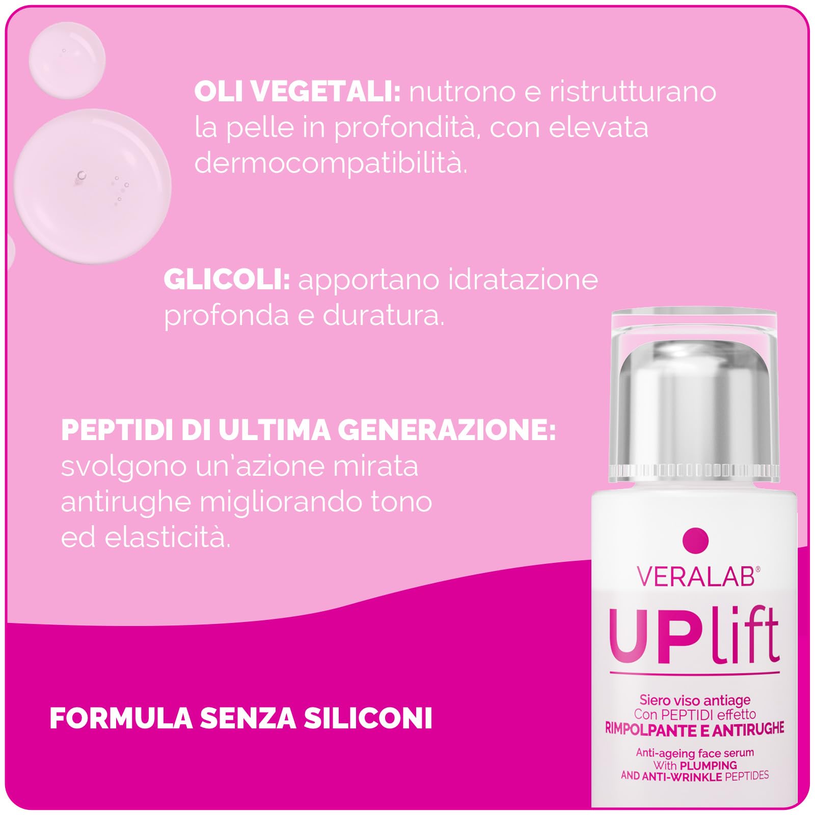 Veralab Uplift, Siero Viso Antirughe, Rimpolpante e Illuminante con Oli Nutrienti e Peptidi, Adatto a tutti i Tipi di Pelle, 30ml