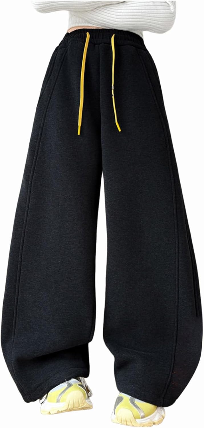 IWIHMIV Girls' Sweatpants Fleece Lined Wide Leg Elastic Waist Casual Kids Winter Warm Athletic Pants with Pockets