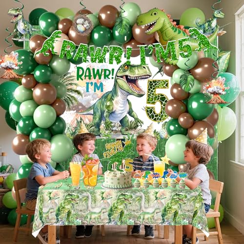 Hanviync Dinosaur Boys 5th Birthday Dino Jurassic Party Supplies: Banner, Backdrop, Tablecloth, Cake Toppers, Balloons by hanviync - Image 3