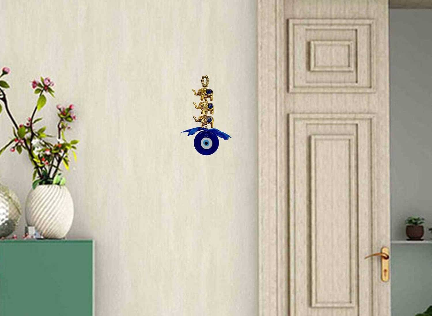 Purpledip Ceramic Evil Eye Wall Car Hanging with Three Elephants: Vastu Feng Shui Good Luck Decorative Charm (11015B)