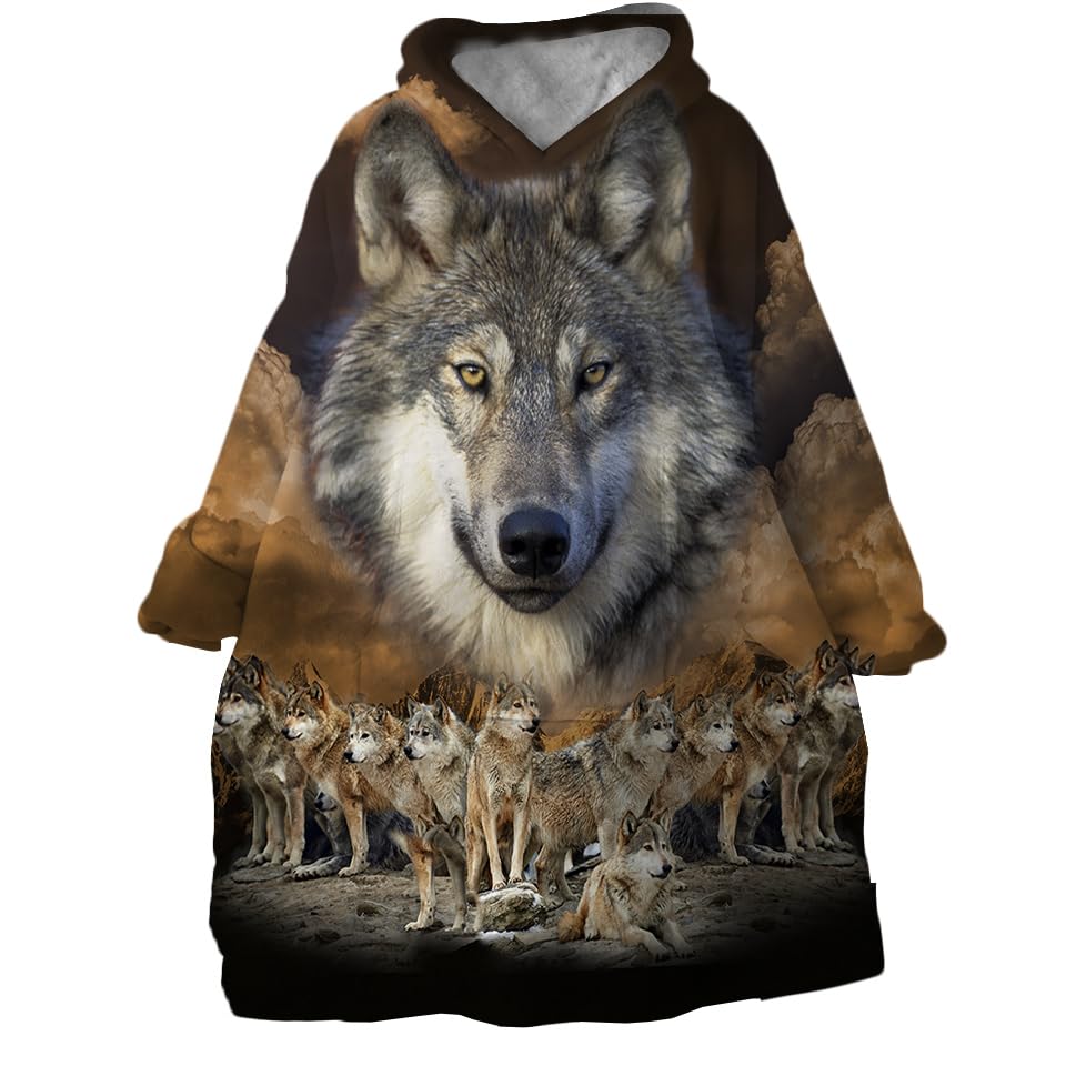 BlessLiving Gold Wolf Sweatshirt Blanket Hoodie Native American Wolf Sherpa Fleece Oversized Hoodie Blanket with Giant Pocket, Super Cozy Wearable Blanket Hoodie Sweatshirt Gift (Adults 63