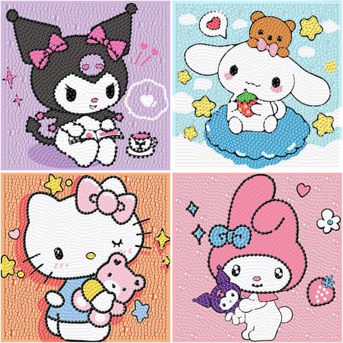 Sretoul 4 Pack Cartoon Diamond Art Kits for Kids - Kid Diamond Art Painting Kit Cartoon Cute Gem Arts for Kids Ages 4 6 8 12 DIY Crystal Gem Kits for Children Girls Boys Gifts (6x6 inch)