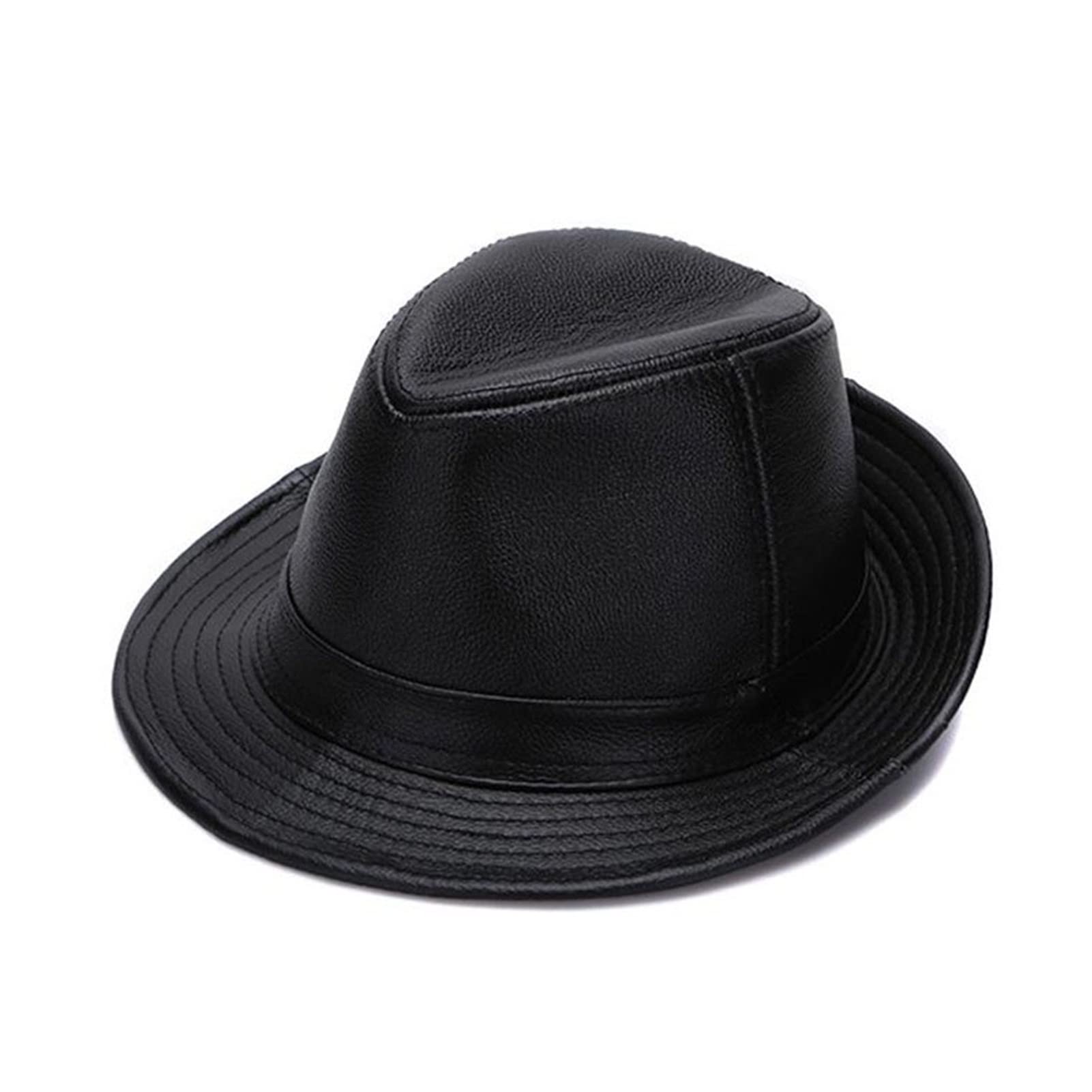 JOLIANE Black Fedoras Hats Men Genuine Leather Retro Jazz Caps Gentleman Real Leather Luxury Sp-ring Classic Felt Trilby Hat - Flat Caps(Nero,L(55-56CM))