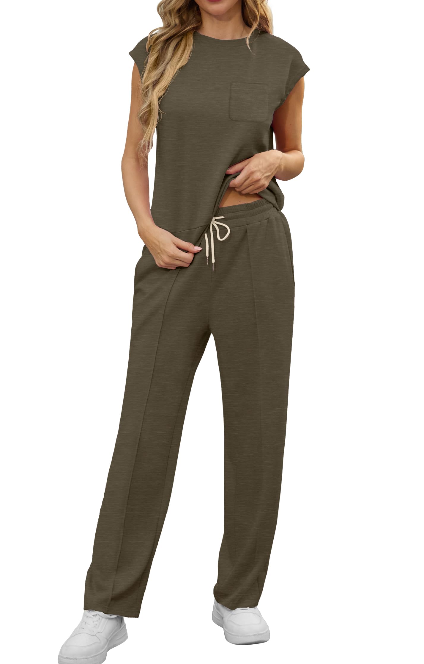 GRECERELLE Survêtement deux pièces Femmes Tenues d'été Ensemble Casual Crew Neck Cap Sleeve Tops et jogging Survêtements avec poches - 3