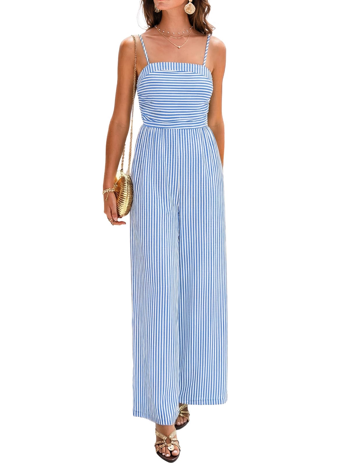 CUPSHE Damen Sommer Jumpsuit Spaghetti-Träger Gestreift Overall Ärmellos Weite Beine Freizeitanzug Elegant Outfit Playsuit