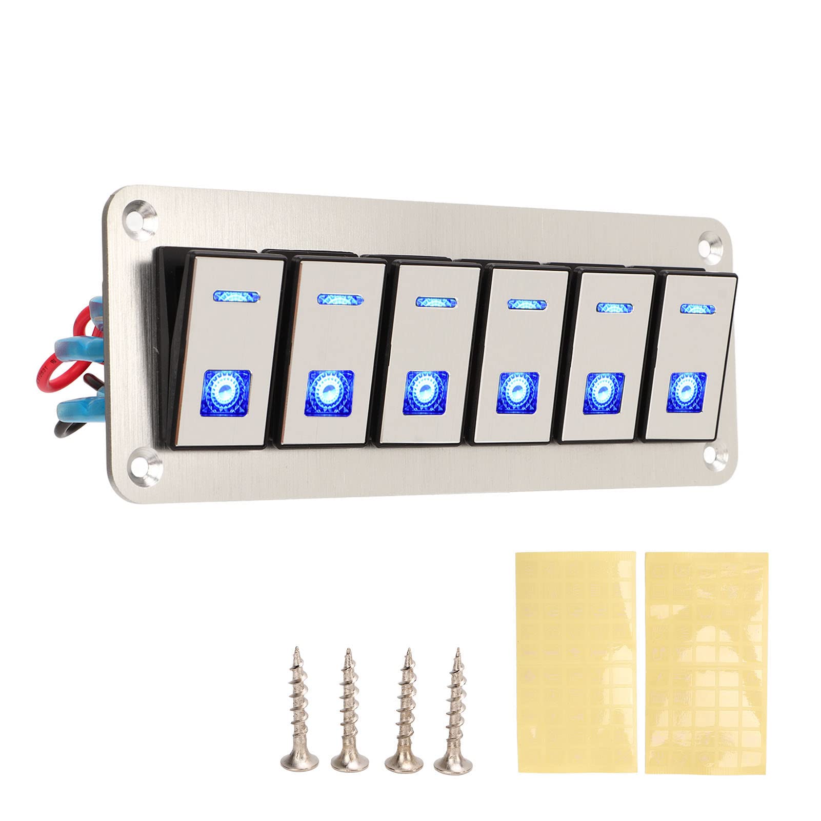 Pannello interruttore a rocker a 6 gang 12 V 24 V LED blu impermeabile SPST On Off interruttore pre-cablato per auto barca camion UTV con telaio in lega di alluminio e pulsante ill