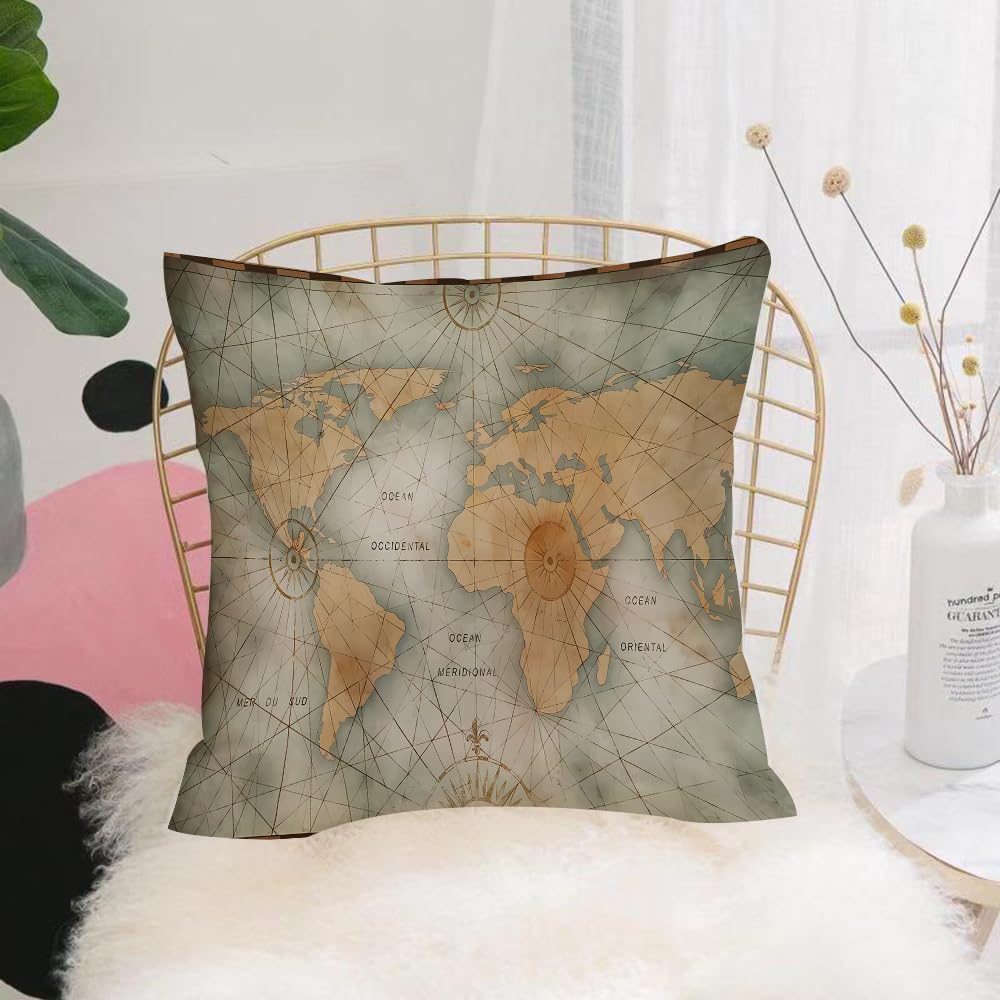 Hyosxw L, Vintage World Map With Compass Pattern An - A9 Cushion Cover,Throw Pillow Case Home Decorative For Living Room Bedroom Sofa Chair 18X18 Inch,L, Vintage World Map With Compass Pattern And Yellowed Continents,Pillowcase 45X45cm