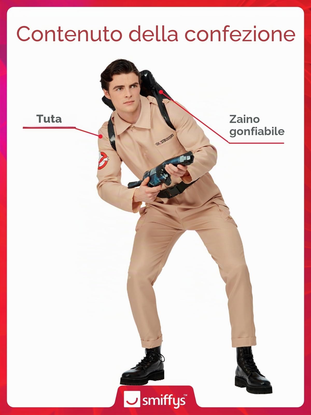Smiffys Ghostbusters Costume da uomo per adulti, tuta e zaino gonfiabile, beige, licenza ufficiale, perfetto per Halloween, gruppi ed eventi a tema anni '80