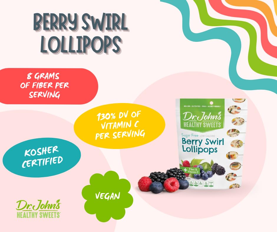 Dr. Johns Sugar Free Candy Healthy Lollipops with Zero Sugar Low Calorie Snacks Keto Friendly Hard Candy Sweets Berry Swirl Oval 150 Count 2.5 LB product thumbnail 6