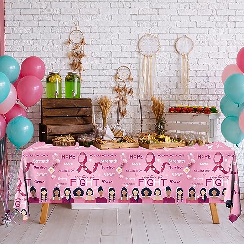 Image of Breast Cancer Table Cloth,3 Pcs Pink Ribbon Awareness Plastic Tablecloths Hope Courage Brave Table Cover for Women Girls Breast Cancer Party Supplies