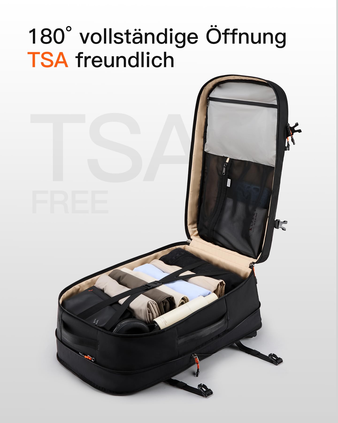 Inateck Leichter Reiserucksack 38.5-46L, Erweiterbarer Handgepäck Rucksack | Spritzwassergeschützt TSATravel Backpack Herren für 16 Zoll Laptop, Hauptfach um 180° öffnen, für Business, Weekender Trip