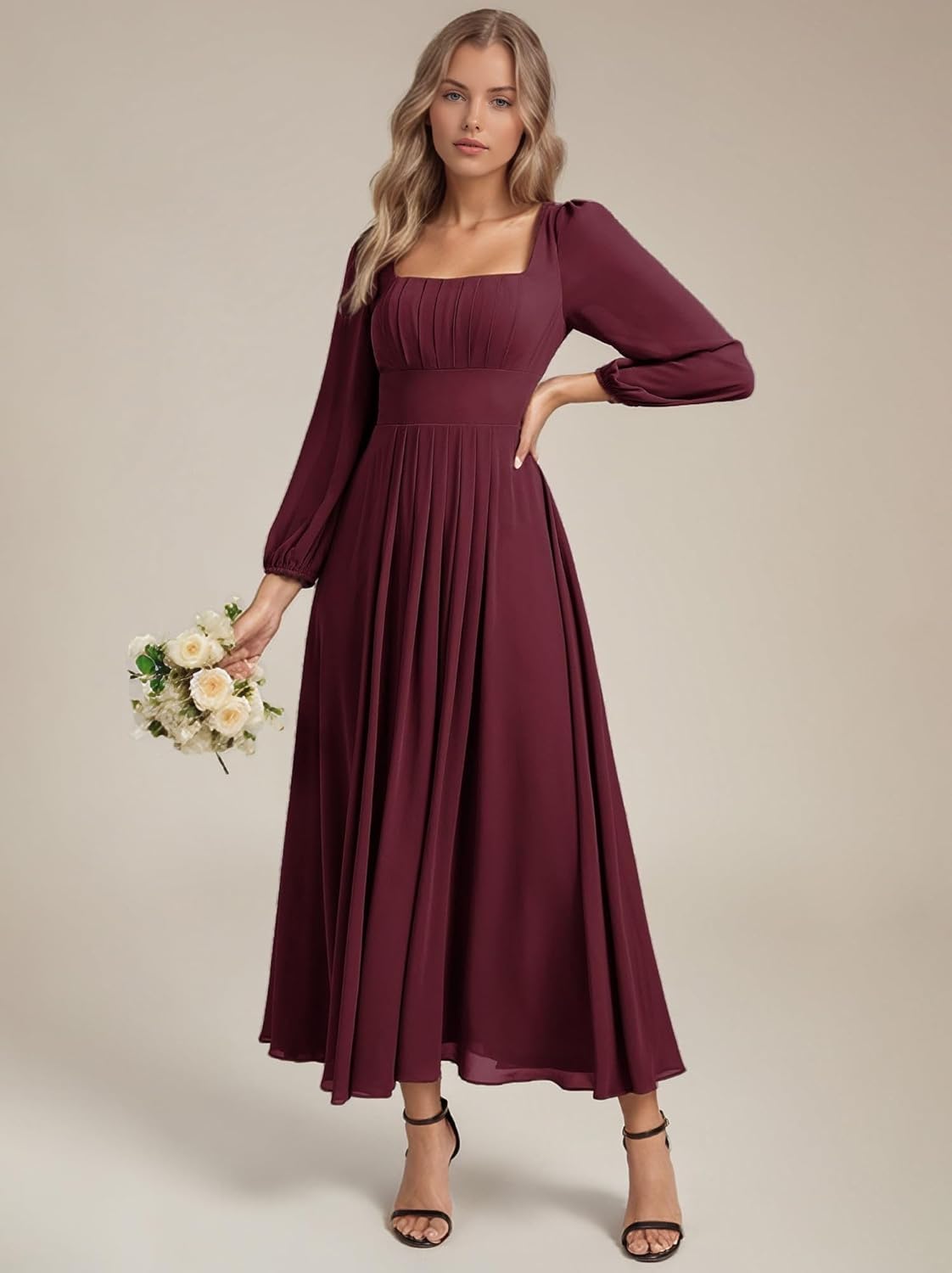 Women's Chiffon A-Line Wedding Guest Dress Maxi Fall Square Neck Pleated Long Sleeve Evening Dress - Image 2