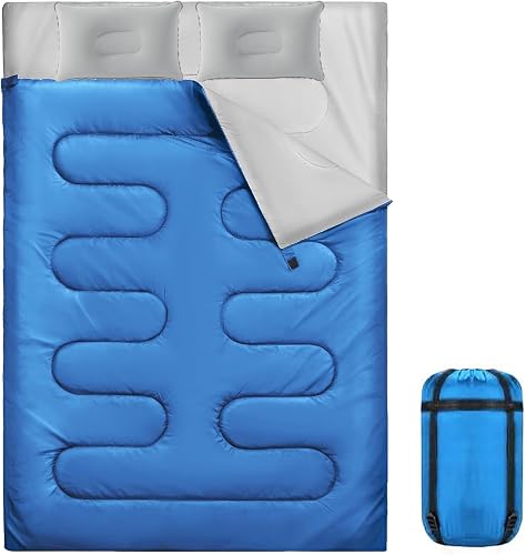 Sleeping Bag, 3-4 Season Double Sleeping Bag with 2 Pillows Camping Travel, Extra Large Lightweight Waterproof Indoor & Outdoor Use for Adults for Hiking, Backpacking and Camping