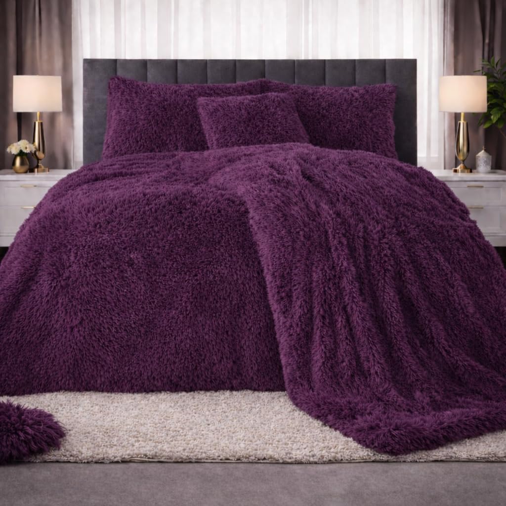 PARADISE STAR Teddy Bear Cuddles Fleece Duvet Cover Set – Alaska Luxury Faux Fur Bedding with Matching Pillowcases, Super Soft Warm Plush Winter Quilt Cover Bed (Plum, Superking)