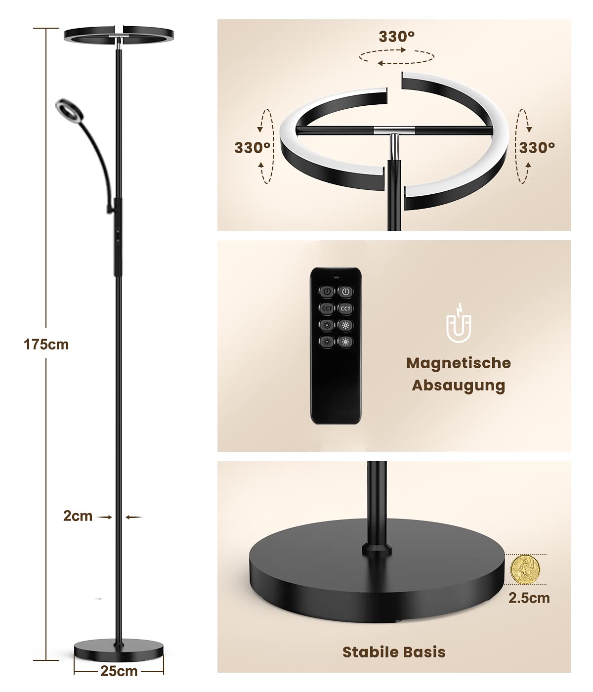 ANTENLICHT KAKA | Stehlampe LED Dimmbar | Schwarz Stehleuchte 20W | mit Flexibler 7W Leselampe | Modern Deckenfluter mit Fernbedienung mit 4 Farbtemperatur für Wohnzimmer, Schlafzimmer